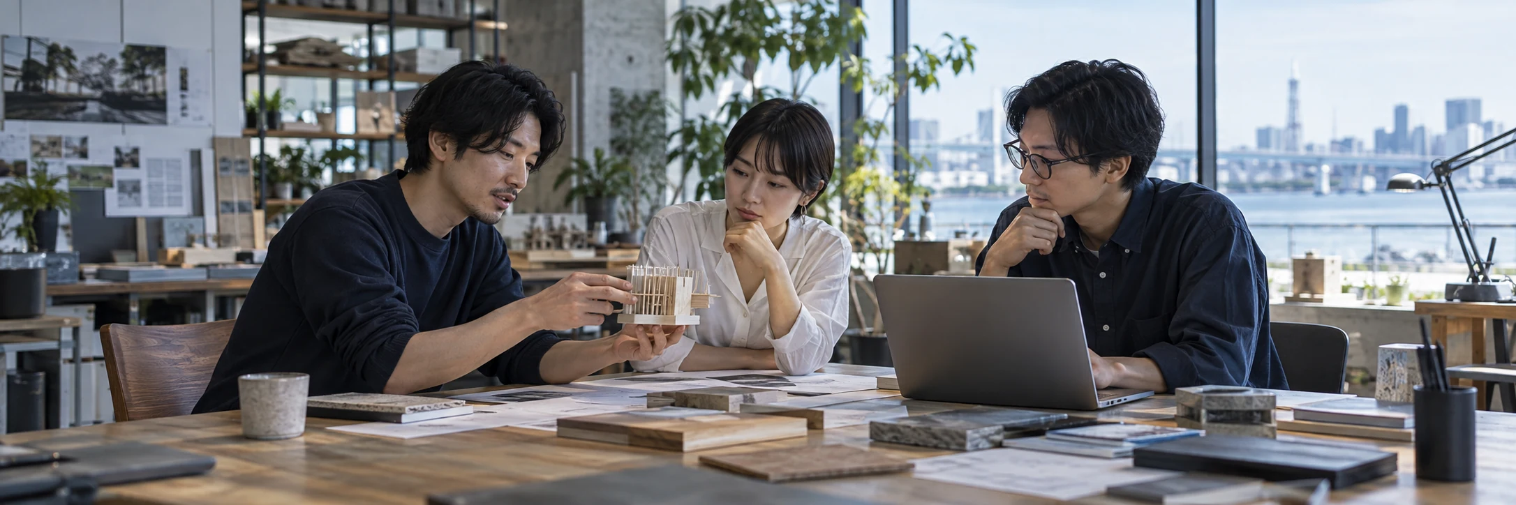 資料と試作品を囲み、アイデアを話し合うチームのイメージ